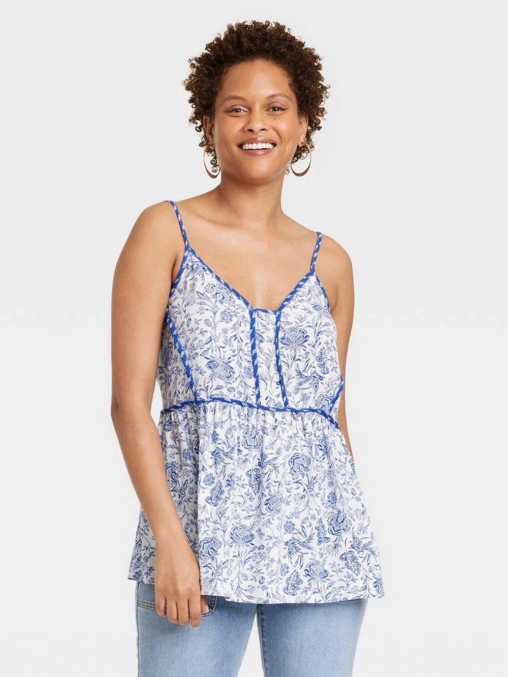 Knox Rose Blue White Floral Peplum Cami Tank Top XXL Flowy Boho Babydoll